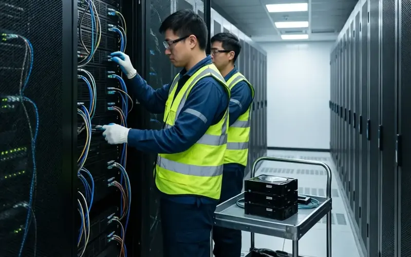 技術人員喺機房拆卸退役機架式伺服器