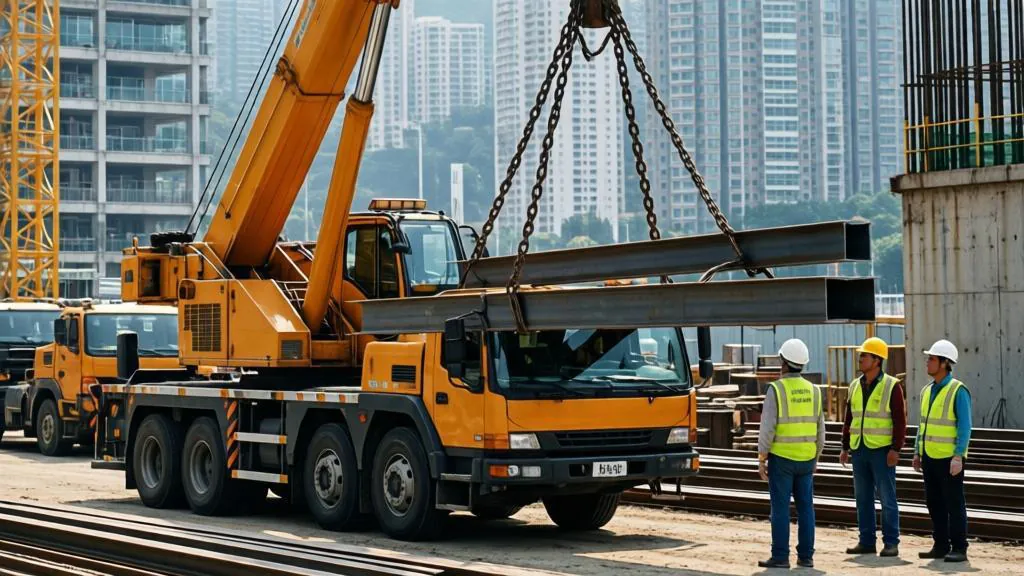 Crane lorry lifting heavy equipment