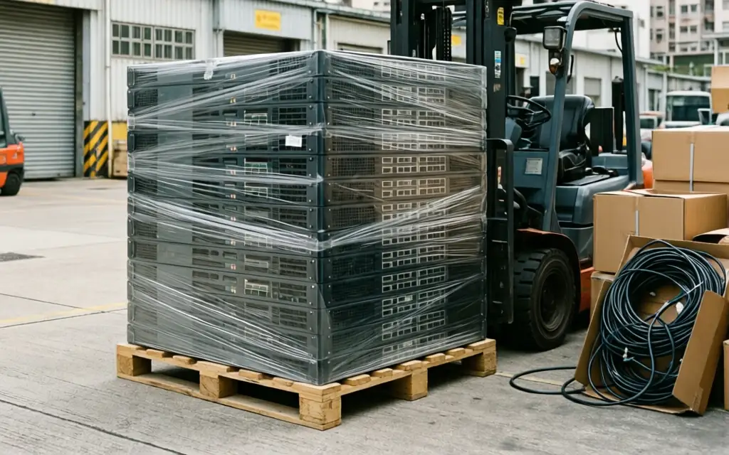 IT equipment palletised and wrapped for collection from a Hong Kong office