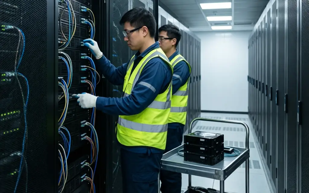 Server racks being dismantled during a data centre decommissioning job in Hong Kong
