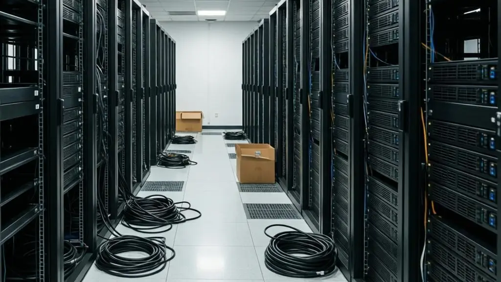 Server room before decommissioning, racks and cabling in place