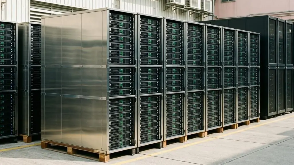 Stainless steel server rack frames after dismantling
