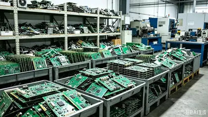灰色膠箱盛滿綠色電子電路板，背景金屬貨架堆放電子元件