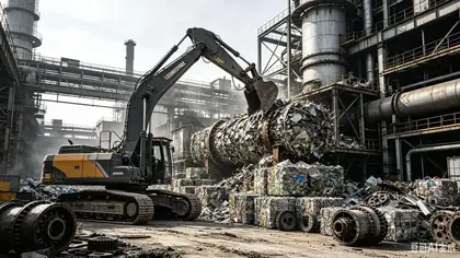 工業廠區挖掘機吊起一捆壓縮金屬廢料，周圍堆放廢料包及齒輪零件